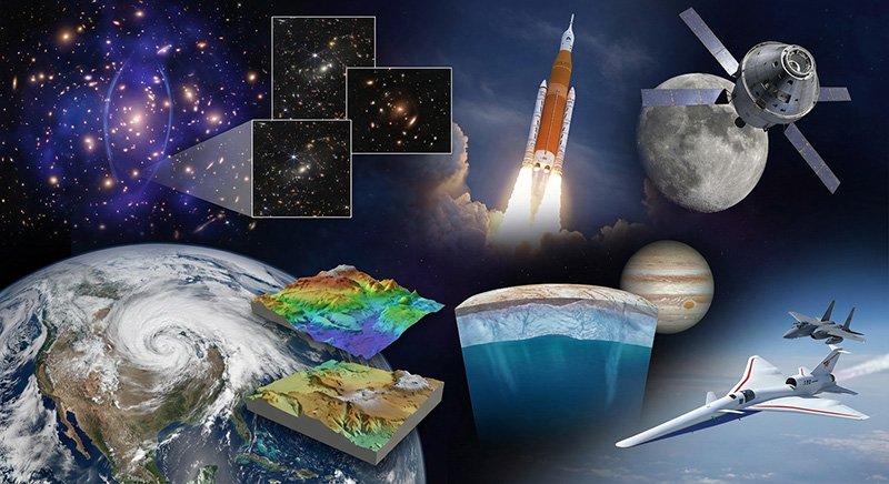A collage featuring deep space, satellites, rocket launch, the Moon, planets, Earth with weather patterns, topographical maps, and two jet planes—capturing highlights often seen in NASA News.