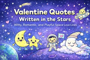 Cartoon moon, star, astronaut, and cloud with hearts in a colorful space scene. Text reads: "Valentine Quotes Written in the Stars: Witty, Romantic valentine quotes and Playful Space Love Lines.