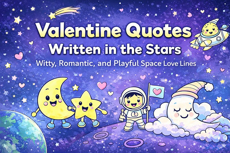 Cartoon moon, star, astronaut, and cloud with hearts in a colorful space scene. Text reads: "Valentine Quotes Written in the Stars: Witty, Romantic valentine quotes and Playful Space Love Lines.