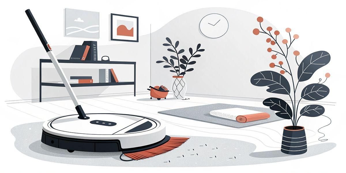 A robotic vacuum cleaner with a handle cleans a modern living room with plants, a rug, shelves, and wall art.