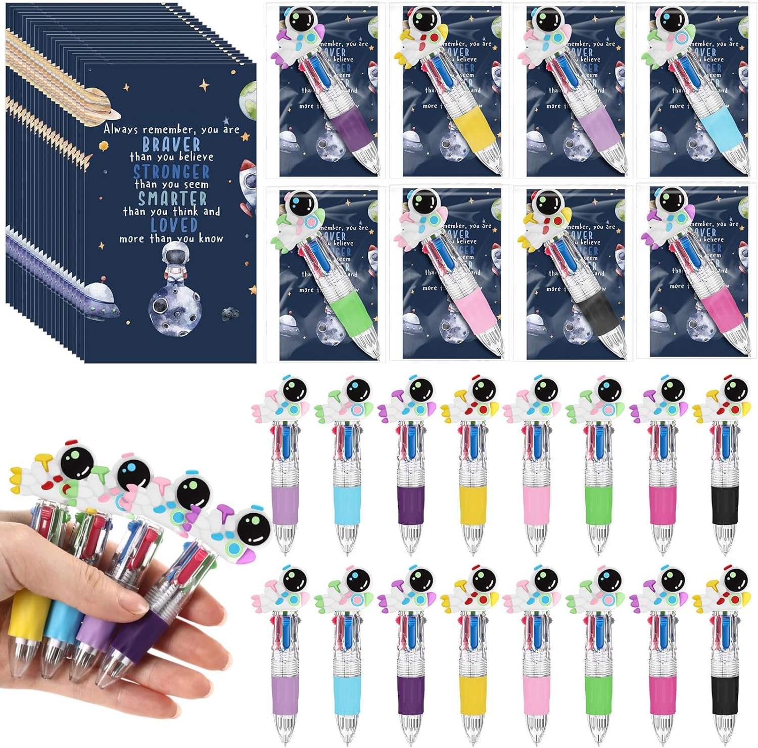 24 Sets Space Astronaut Pens Bulk 4-in-1 Multicolor Ballpoint Pen with Positive Cards Party Favor for Valentines Day Party Supplies