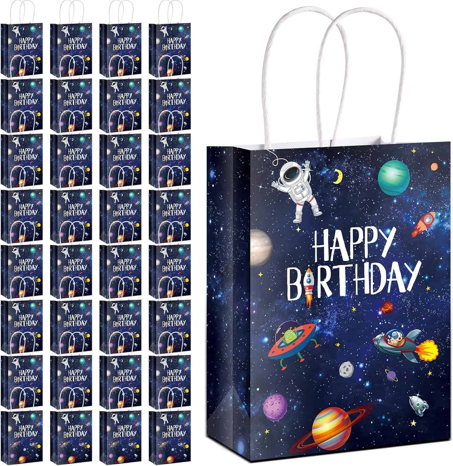 Outus 32 Pack Outer Birthday Space Party Favors Space Goody Bags with Handles Galaxy Gift Bags Kraft Paper Planet Goodie Treat Astronaut Present for Boys Girls Theme Party