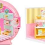 Miniature ice cream shop playset with pastel-colored furniture, display counter, shelves, and play food items, shown in packaging and assembled form.