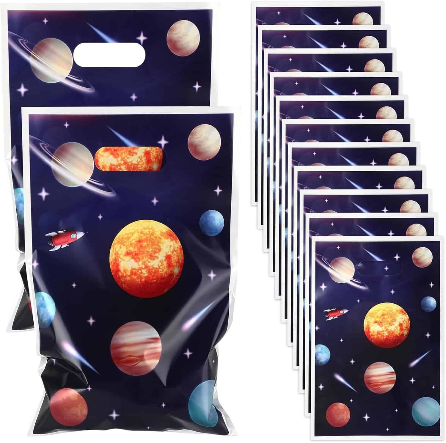 Neptniopllab 50 Pieces Outer Space Goodie Bags,26.5x15.5cm Plastic Galaxy Themed Party Favor Bags with Handle, Planets Solar System Theme Party Favors Decor for Space Themed Birthday Decoration