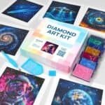 Diamond art kit with a pastel box, sorting tray, stylus tool, wax, colorful beads, and several completed space-themed mosaic artworks displayed around it.