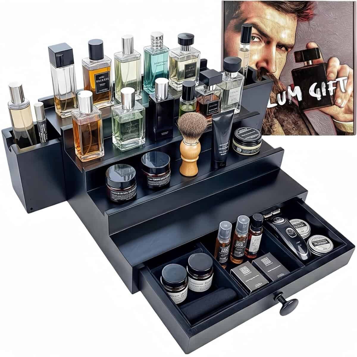 Wooden Cologne Organizer For Men 4 Tier Black | High Grade Velvet Lining and Stylish Gift Box | Side Compartment | Space Aid Cologne Holder | Perfume Display Stand | Dresser Countertop Decor