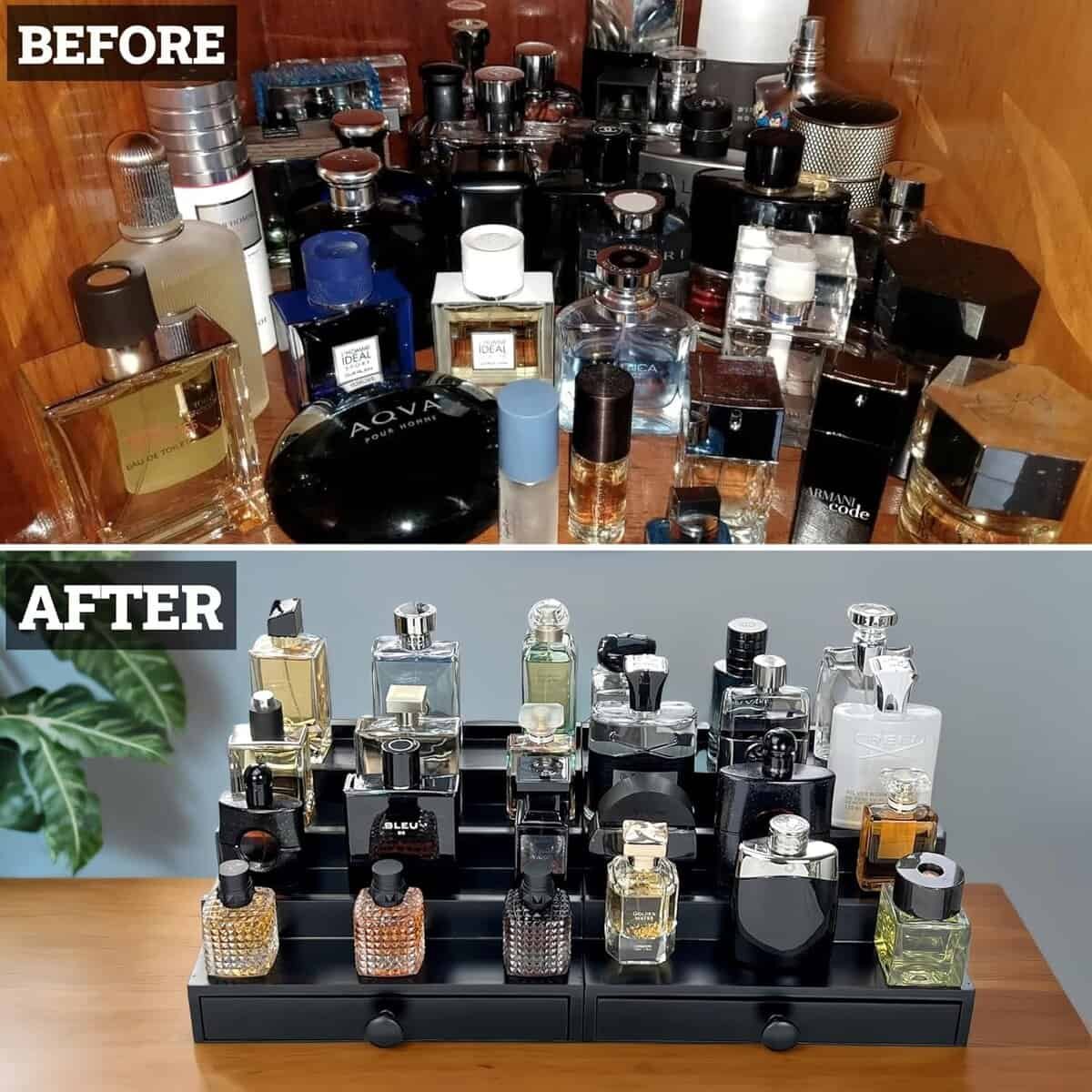 Wooden Cologne Organizer For Men 4 Tier Black | High Grade Velvet Lining and Stylish Gift Box | Side Compartment | Space Aid Cologne Holder | Perfume Display Stand | Dresser Countertop Decor