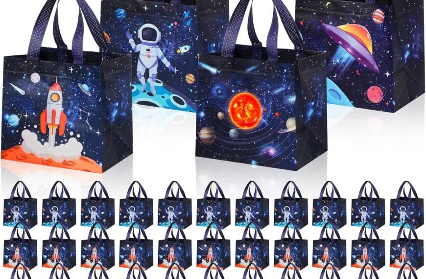A set of reusable tote bags featuring space-themed designs, including an astronaut, rocket, and planets, displayed in multiple rows.
