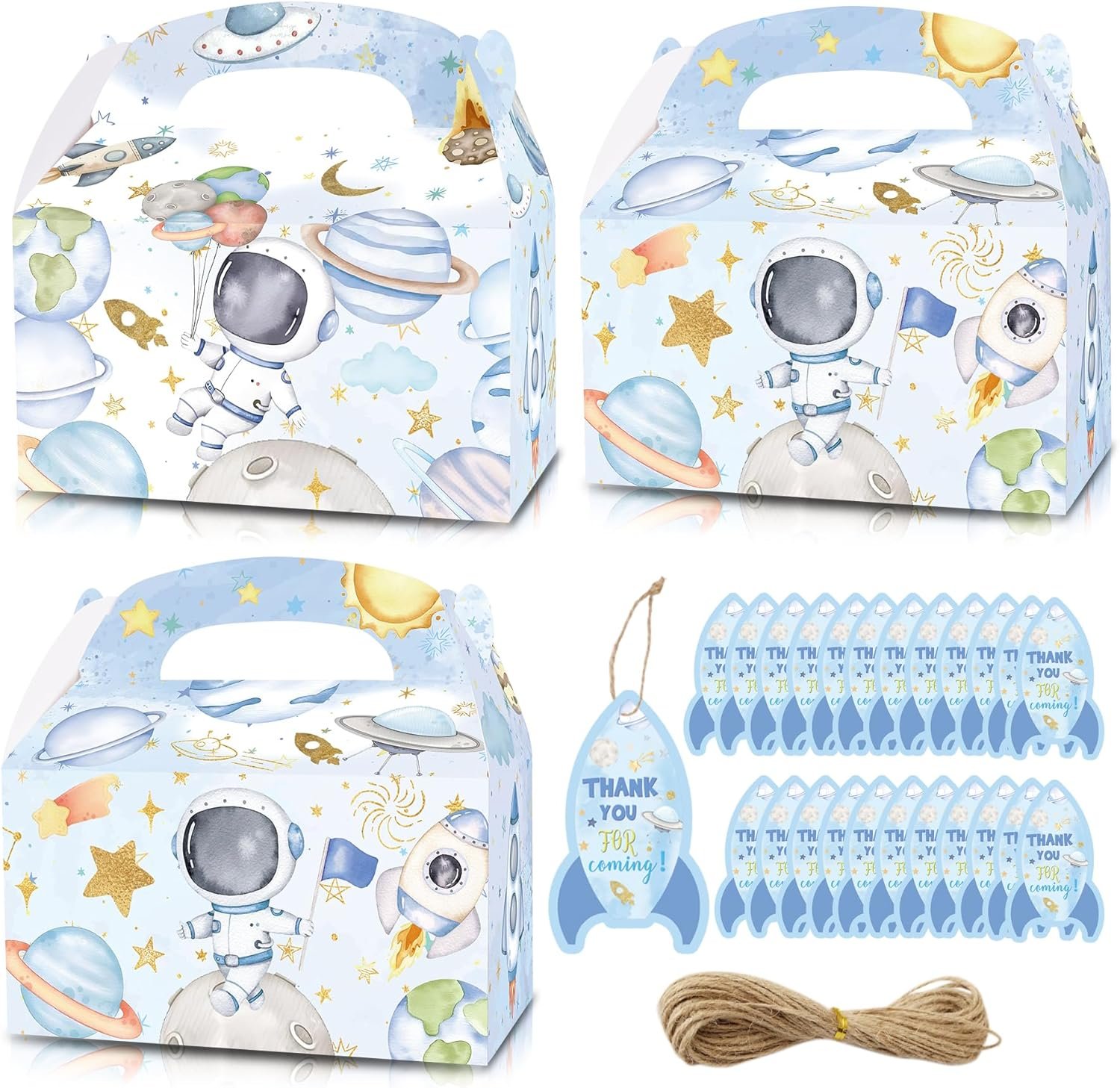 HAPPARTY 24PCS Blue Space Astronaut Party Favor Gift Boxes for Boy With Thank You Tags, First Trip Around the Sun Candy Treat Goodie Bags Boxes for Boy Birthday Baby Shower Decorations