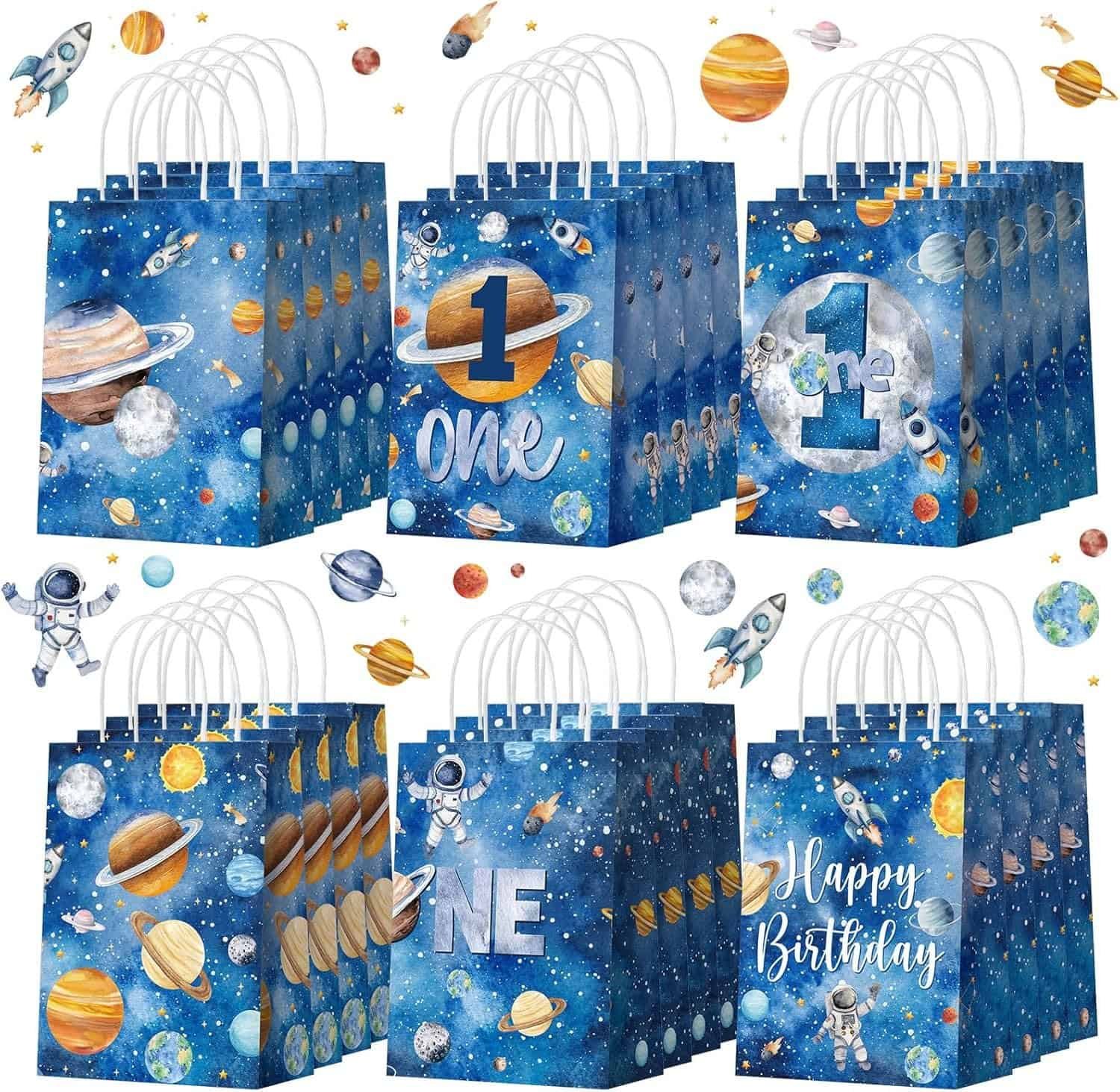 Glenmal 24 Pcs First Trip Around the Sun Party Bags for Boy 1st Birthday Supplies Planet Birthday Goodie Gift Candy Treat Paper Bags for Kid Baby Shower 1st Outer Space Party Favors Decor
