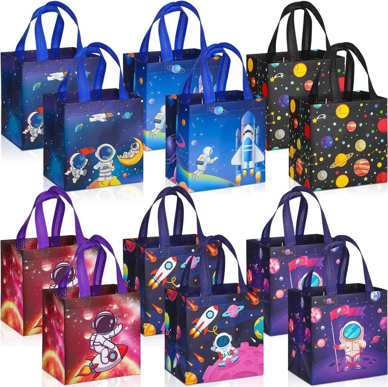 Kigeli 18 Pcs 6 Style Space Goodie Bags, Space Party Favors Large Non-woven Gifts Bags with Handles, Astronaut Planet Rocket Goodie Candy Tote for Baby Shower, Galaxy Theme Birthday Party Supplies