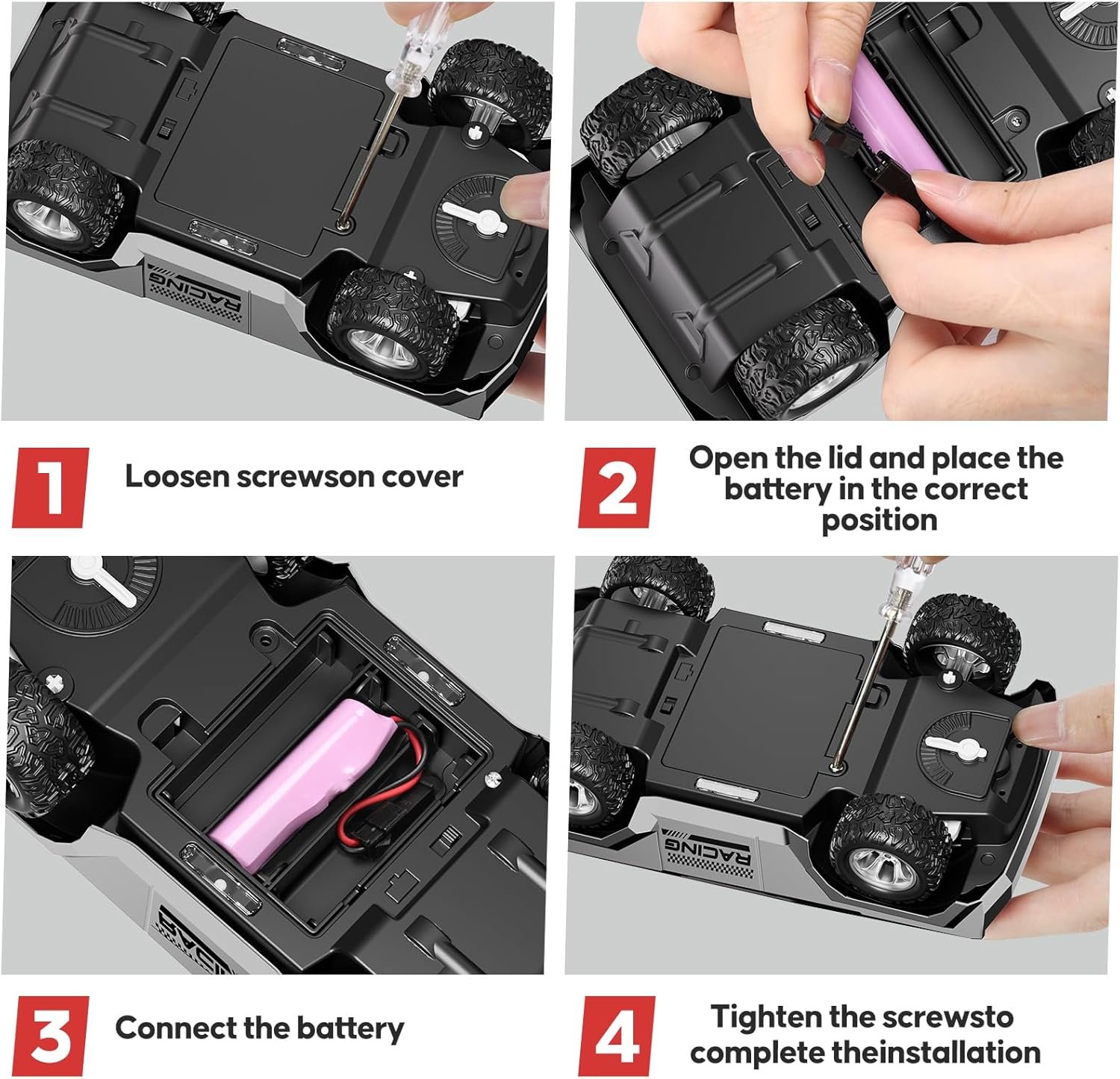 Four-step instructions showing how to install a battery in a toy car: unscrew cover, insert battery, connect wires, and tighten screws to close the lid.