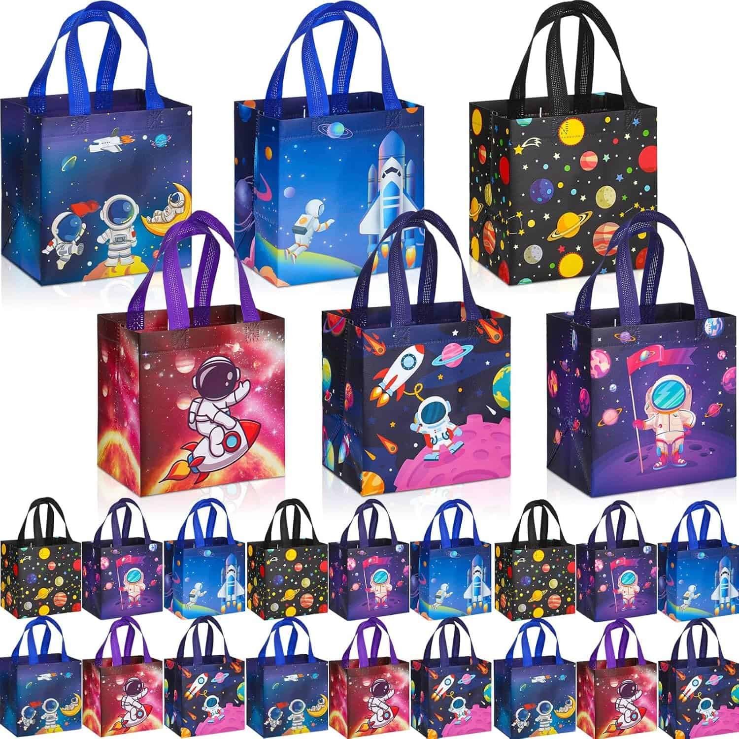 Kigeli 18 Pcs 6 Style Space Goodie Bags, Space Party Favors Large Non-woven Gifts Bags with Handles, Astronaut Planet Rocket Goodie Candy Tote for Baby Shower, Galaxy Theme Birthday Party Supplies