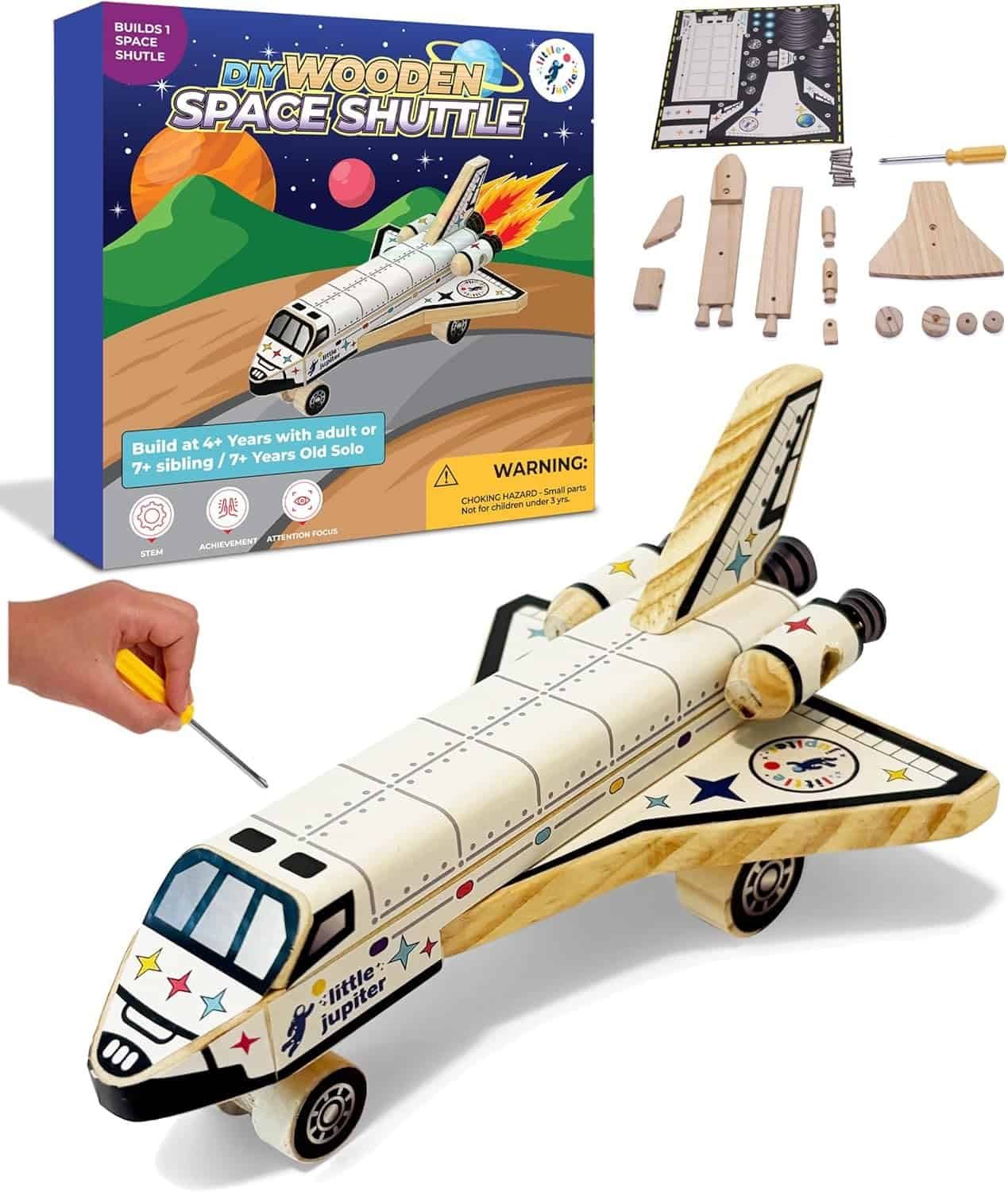Little Jupiter DIY Build Your Own Space Shuttle Toy Model - Wooden Kit w/Stickers - Kids Wood Building Kit for Boys & Girls - Toy Spaceship STEM Toys for Ages 4-10 - Wood Crafts for Kids - STEM Woodworking Kits