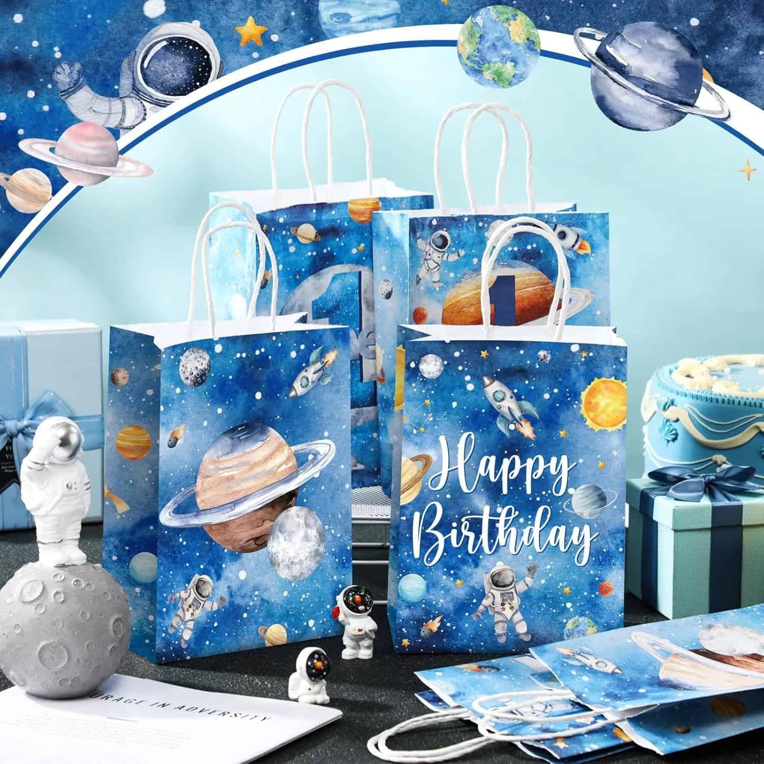 Glenmal 24 Pcs First Trip Around the Sun Party Bags for Boy 1st Birthday Supplies Planet Birthday Goodie Gift Candy Treat Paper Bags for Kid Baby Shower 1st Outer Space Party Favors Decor