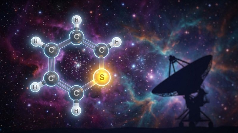 A diagram of a thiophene molecule is superimposed on a starry background next to the silhouette of a large radio telescope dish, highlighting the molecule's cosmic significance.