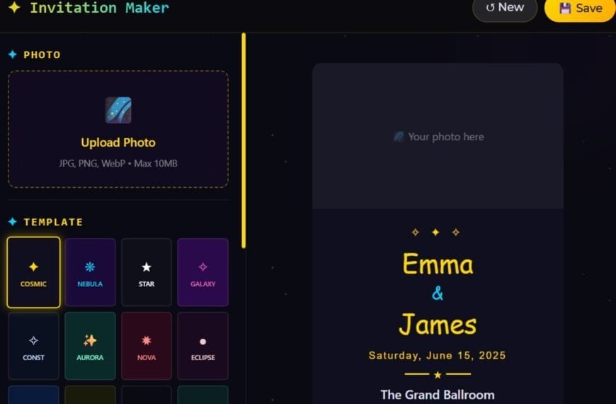 Screenshot of a free invitation maker tool with options to upload a photo, choose a template, and a sample invitation for Emma & James on June 15, 2025.