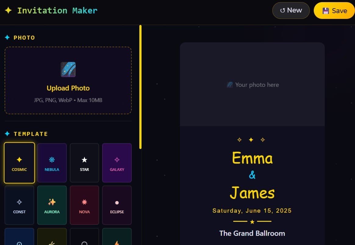 Screenshot of a free invitation maker tool with options to upload a photo, choose a template, and a sample invitation for Emma & James on June 15, 2025.
