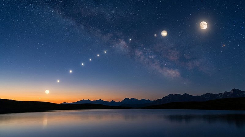 A striking planetary alignment features bright celestial bodies, including planets and the Moon, diagonally spanning a starry night sky above mountains and a reflective lake.