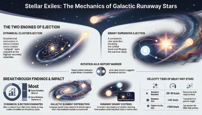 Infographic explains how runaway stars are ejected from the Milky Way through cluster encounters or supernovae, summarizing key findings on their speed, distribution, and overall impact on our galaxy.