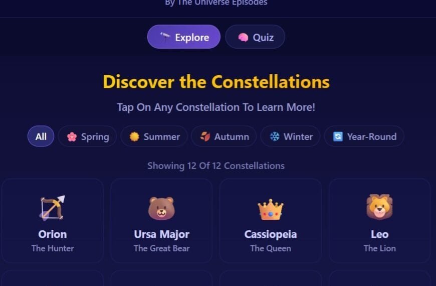 A digital interface titled "Constellation Explorer" displays constellation options like Orion, Ursa Major, Cassiopeia, and Leo, with seasonal filters for Spring, Summer, Autumn, and Winter to help you discover each constellation by season.