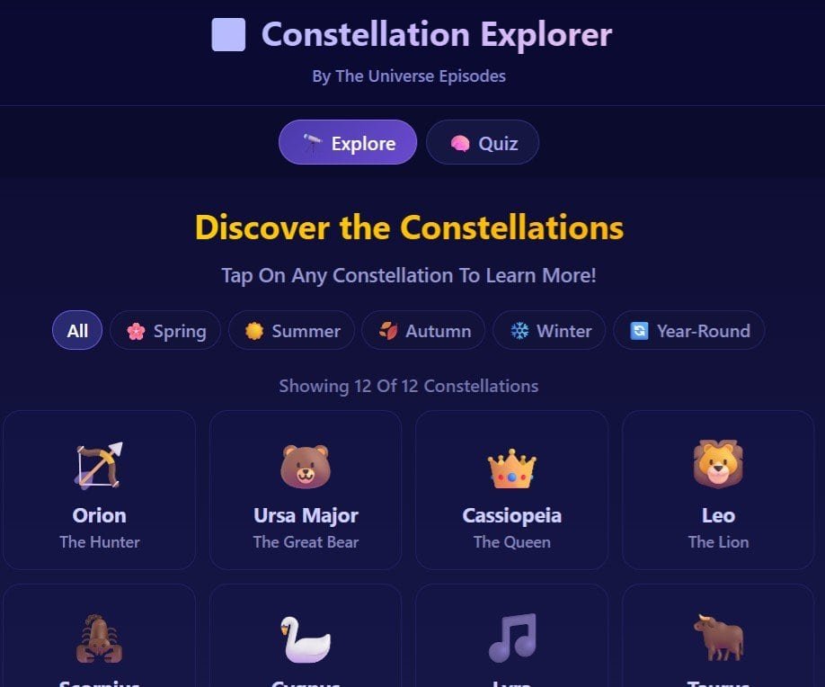 A digital interface titled "Constellation Explorer" displays constellation options like Orion, Ursa Major, Cassiopeia, and Leo, with seasonal filters for Spring, Summer, Autumn, and Winter to help you discover each constellation by season.