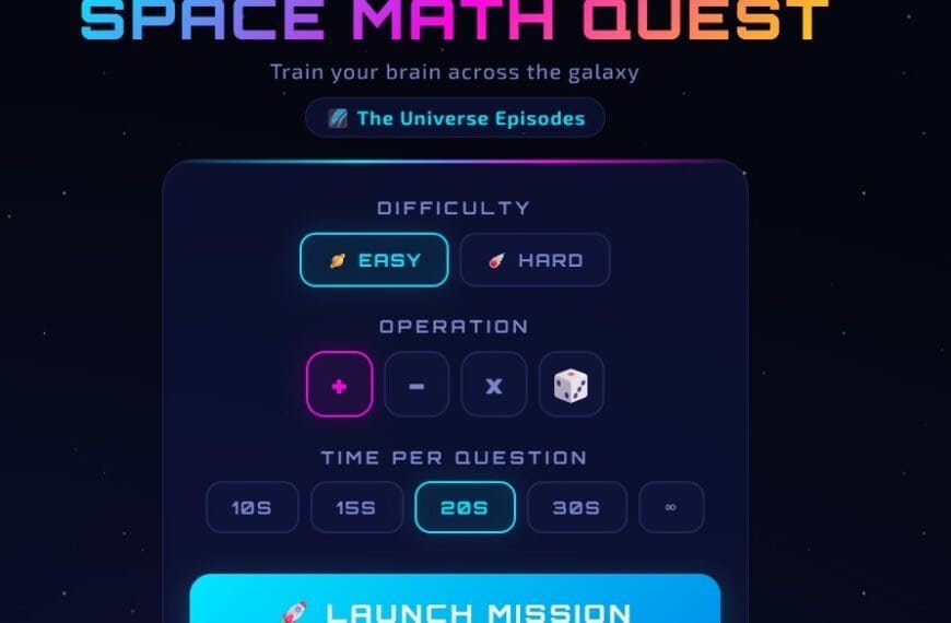 A game interface for "Space Math Quest" designed as one of the best Math Games for Kids, showing options to select difficulty, operation type, time per question, and a "Launch Mission" button.