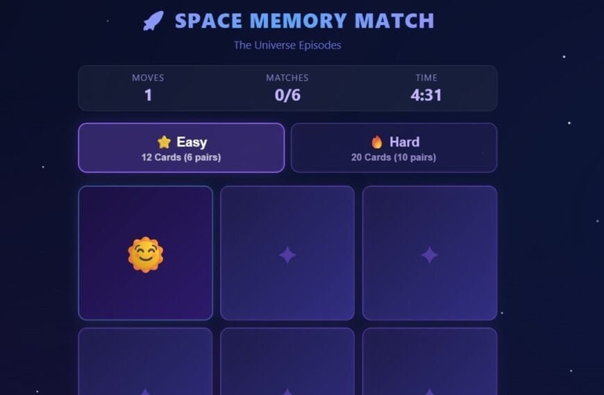 The Space Memory Match Game screen displays one move made, zero matches, and a timer at 4:31. Choose your challenge: Easy (12 cards) or Hard (20 cards), with all cards face down in this Free Memory Game adventure.