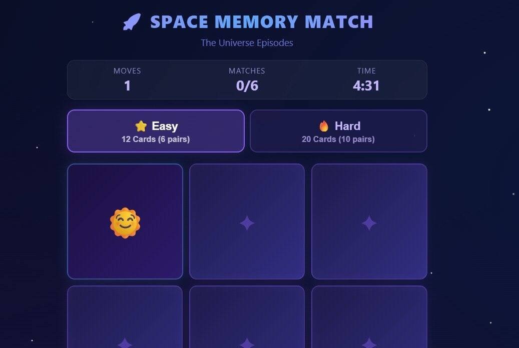 The Space Memory Match Game screen displays one move made, zero matches, and a timer at 4:31. Choose your challenge: Easy (12 cards) or Hard (20 cards), with all cards face down in this Free Memory Game adventure.