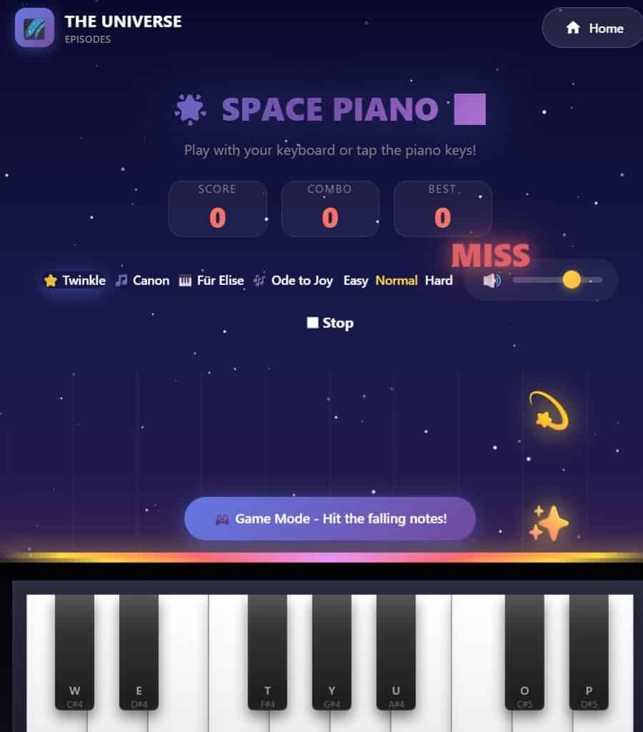 A Space Piano Game interface displaying score, combo, and best score as zero, with "MISS" shown and piano keys labeled with letters below in a falling notes game mode.