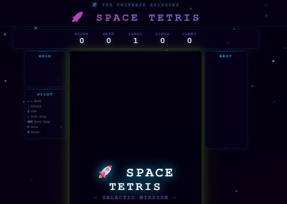Screenshot of a "Space Tetris" game menu with score, best, level, lines, and combo counters at the top, and game controls listed on the left.