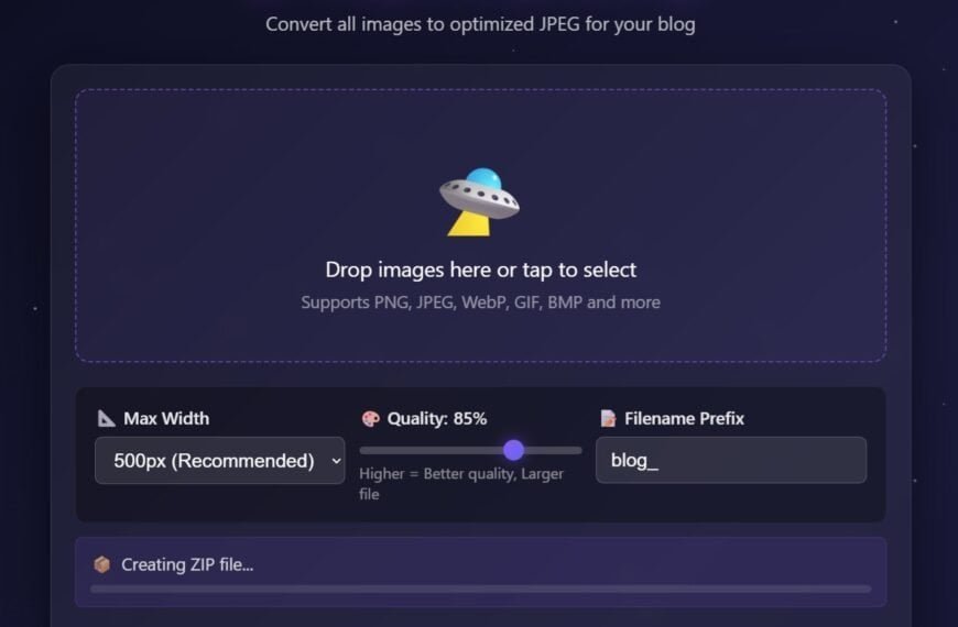 Screenshot of a web-based image compressor tool showing options for file size, quality, and filename prefix, with a summary of 6 blog images optimized, 99% compression, and 42.92 MB saved.