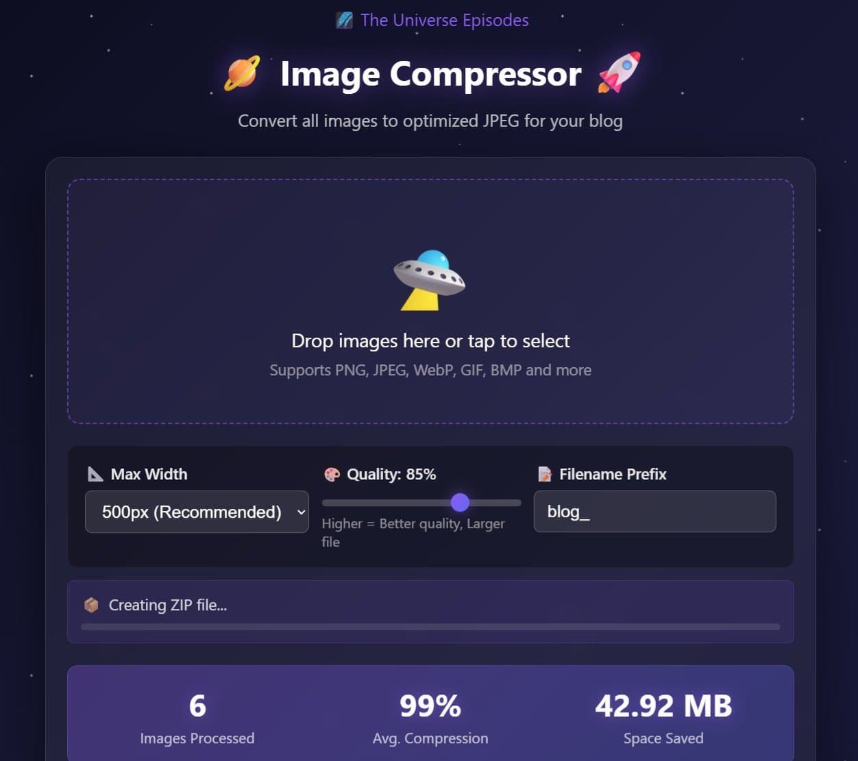 Screenshot of a web-based image compressor tool showing options for file size, quality, and filename prefix, with a summary of 6 blog images optimized, 99% compression, and 42.92 MB saved.