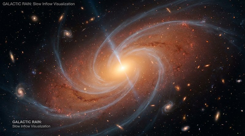 A bright, glowing spiral galaxy with swirling arms and several red galaxies in the background; labeled “GALACTIC RAIN: Slow Inflow Visualization.”.