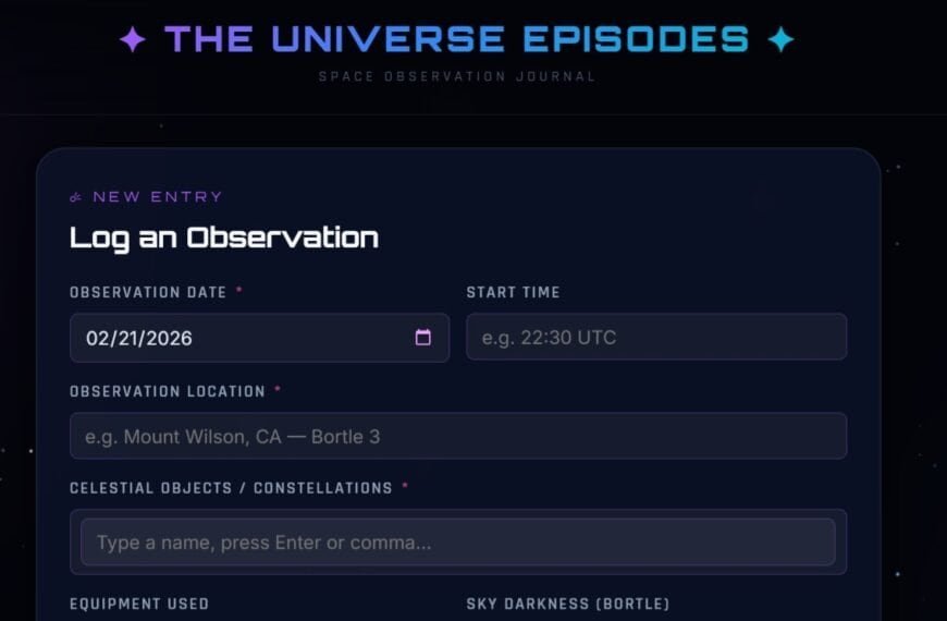 A digital form titled "Log an Observation" designed for stargazing, with fields for observation date, time, location, celestial objects, equipment used, and sky darkness (Bortle scale).