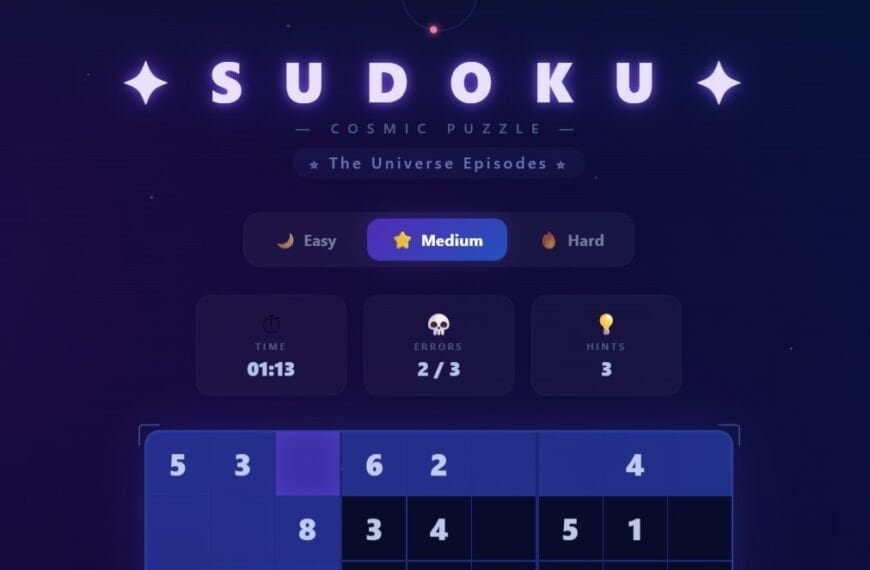 A digital Sudoku puzzle interface shows "Medium" difficulty selected, 1:13 elapsed time, 2 errors out of 3 allowed, and 3 hints remaining.