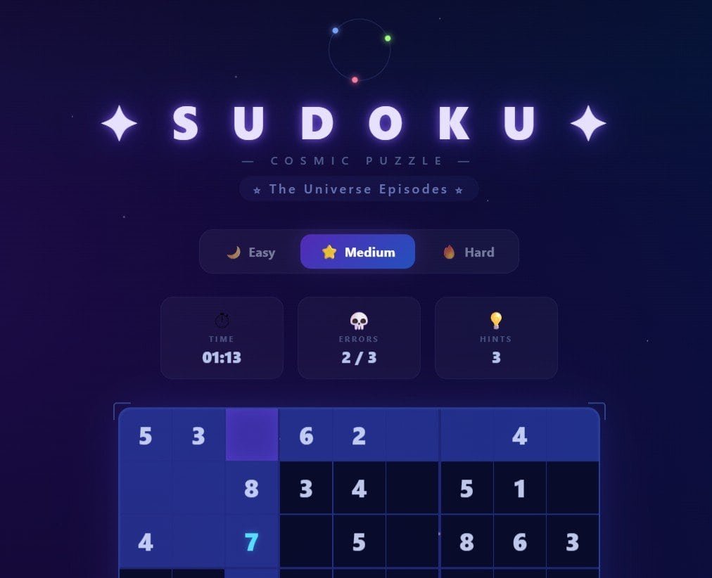 A digital Sudoku puzzle interface shows "Medium" difficulty selected, 1:13 elapsed time, 2 errors out of 3 allowed, and 3 hints remaining.