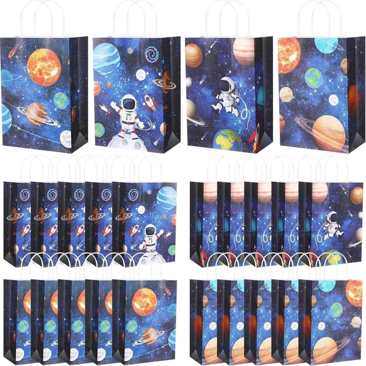 Gaillty 24 Pcs Outer Space Party Favor Bags Planet Galaxy Goodie Gift Bags with Handles Kraft Paper Solar Eclipse Treat Candy Totes for Astronaut Science Themed Birthday Party Supplies Decorations