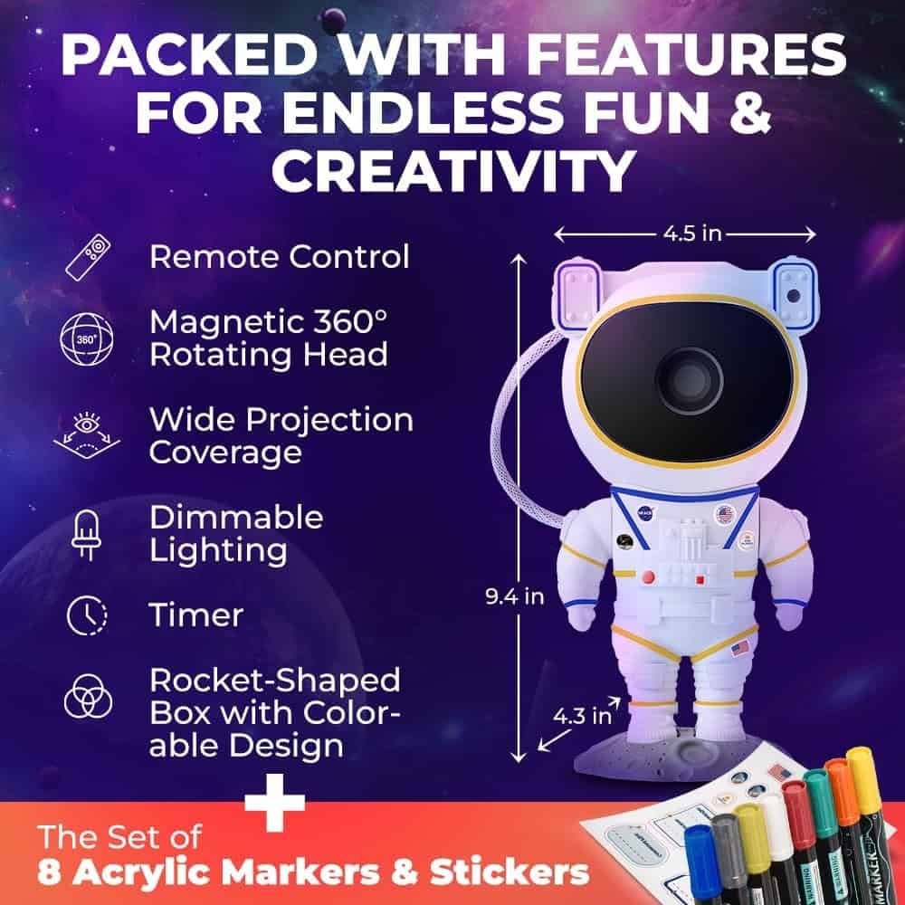 Mind-Glowing Color My Astronaut Galaxy Projector - DIY Spaceman Night Light with Acrylic Markers Kit - Paint Your Own Lamp - Unique Birthday Gift for 5-10 Year Old Boys