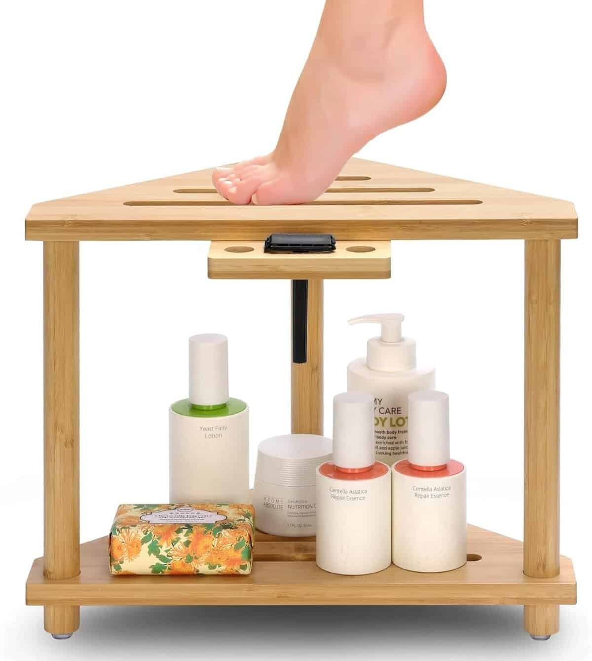 Bamboo Corner Shower Seat, Waterproof Shower Chair for Inside Shower, Shower Bench Corner with Storage Shelf for Shaving Legs for Small Space, Shower Stool for Bathroom, Indoor/Outdoor Use