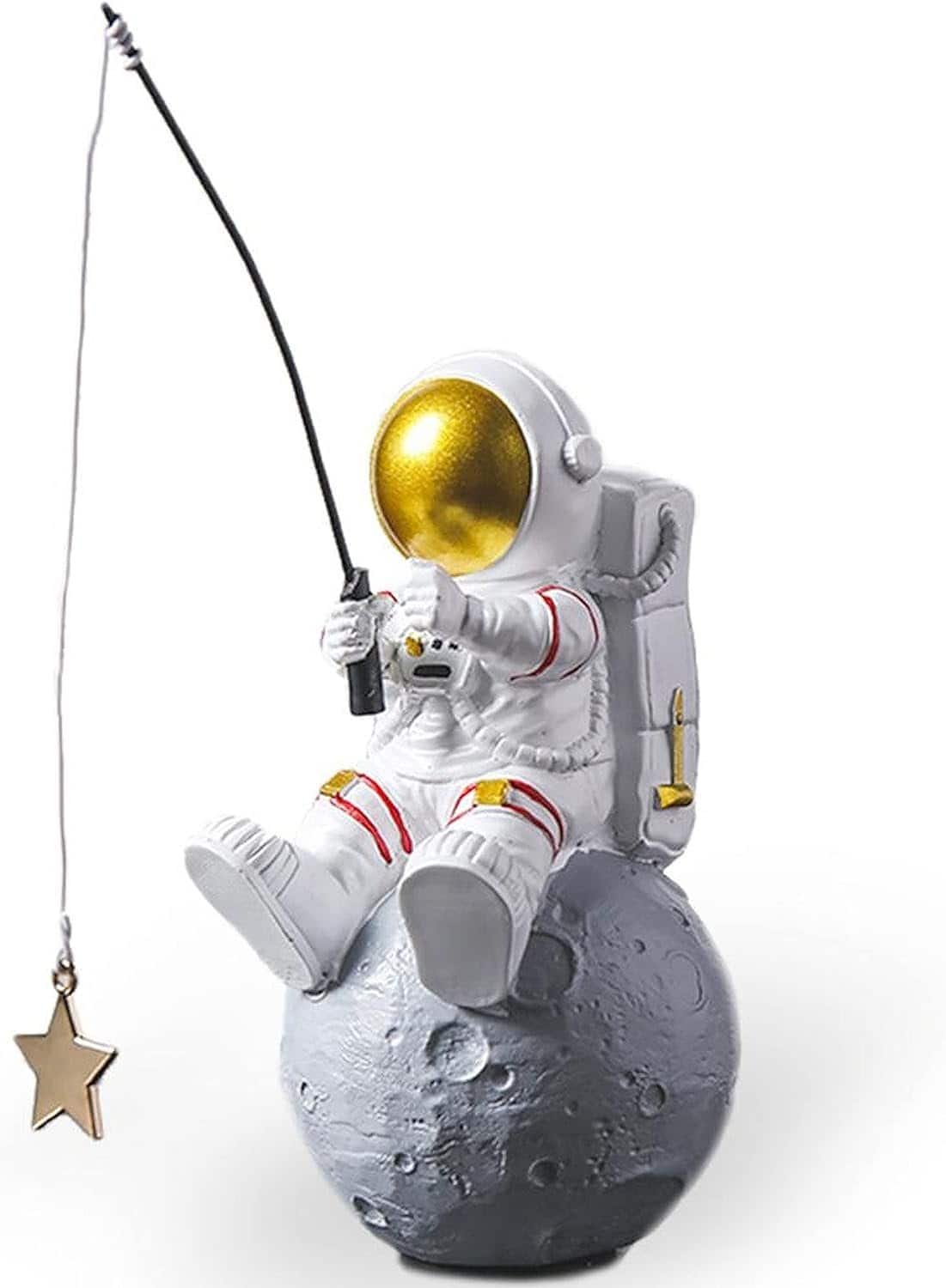 Astronaut Figurine Statue, Astronaut Fishing Star Figure Sculpture for Desktop & Tabletop Decor, Resin Spaceman Planet Desk Ornament for Outer Space Themed Bedroom Decor, Cake Topper Decoration Model