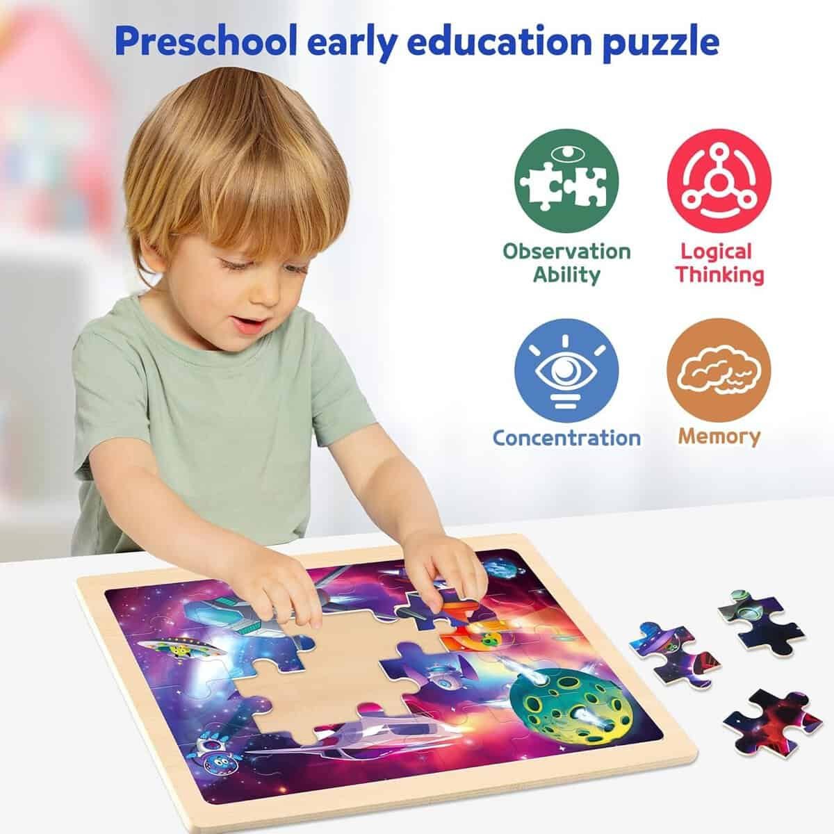 SYNARRY Large Space Planets Solar System Wooden Puzzles for Kids Gift Box(12.2 * 9.4 in), Puzzles for Toddlers 3-5, Wood Jigsaw Puzzles for Kids Ages 4-6, Easter Basket Stuffers Gifts for Kids