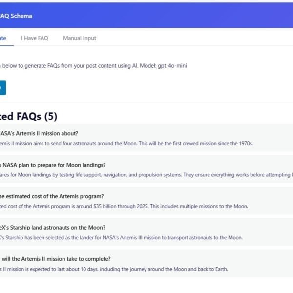 A webpage features AI SEO FAQ Schema — The Smartest Way to Get More Clicks from Google — showing five auto-generated FAQs on Artemis I missions, NASA landing plans, project costs, SpaceX Starship, and mission timeline for better search visibility.