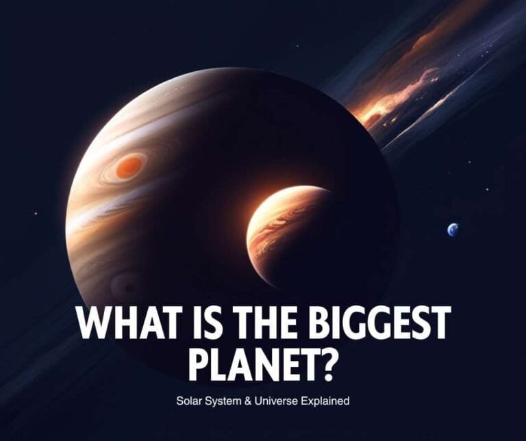 An illustration of Jupiter, the Biggest Planet, with its moons in space, accompanied by the text "What is the biggest planet? Solar System & Universe Explained.