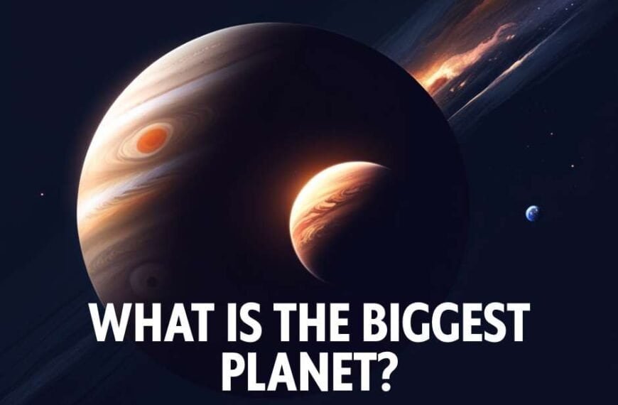 An illustration of Jupiter, the Biggest Planet, with its moons in space, accompanied by the text "What is the biggest planet? Solar System & Universe Explained.