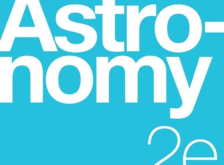 Cover of the OpenStax "Astronomy 2e" textbook with a bright blue background and large white text.