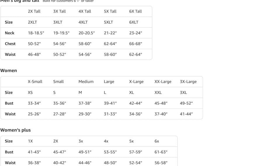 A size chart for Amazon Merch on Demand showing measurements for men, women, plus sizes, and youth, including chest, waist, neck, hip, and weight ranges for each size.