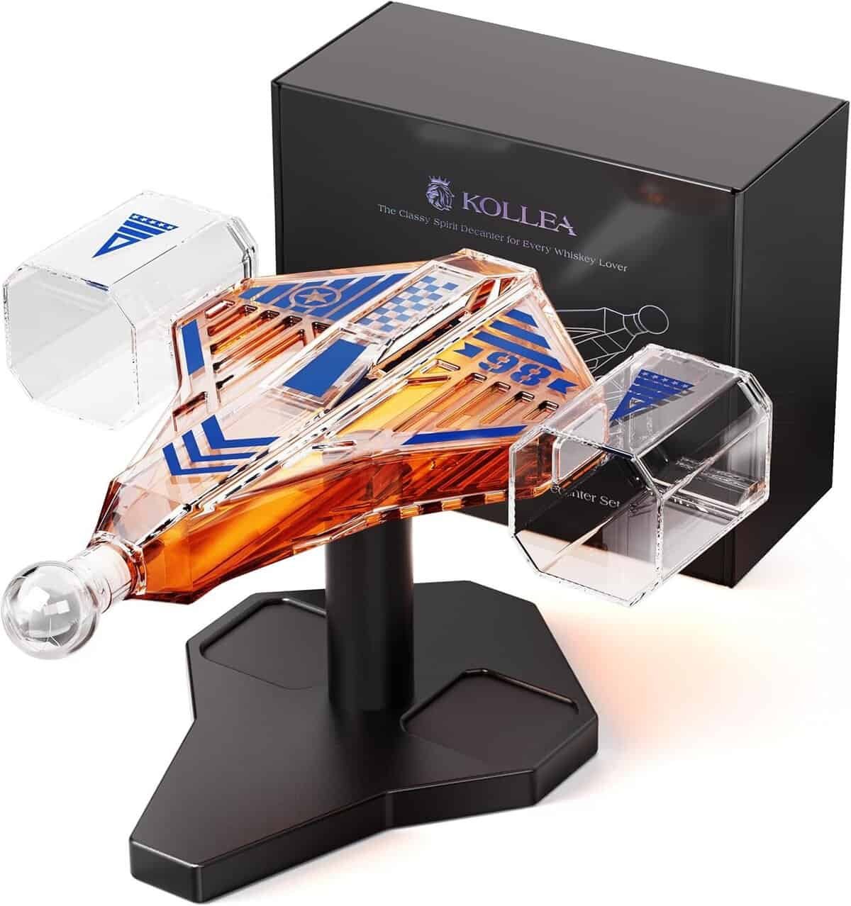 Kollea Galaxy Blue Spaceship Whiskey Decanter Sets for Men, Spacecraft Limited Edition, 2 Funny Shot Glasses, Gift Ideas, Cool Liquor Dispenser for Home Bar, Christmas Birthday Gifts for Men Dad Him