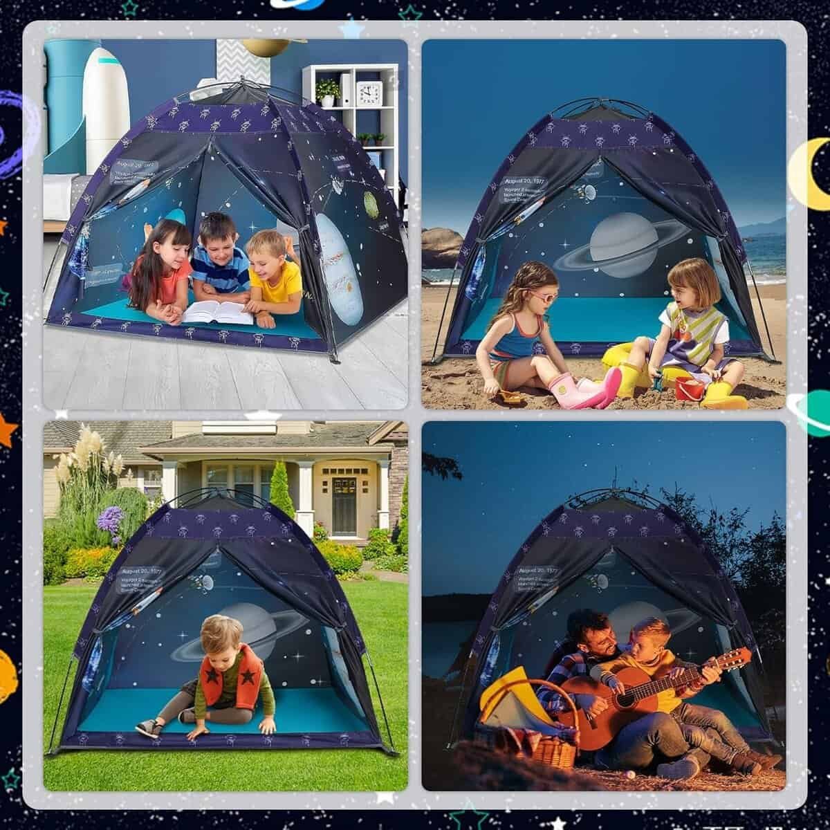 Collage of children and adults using a space-themed tent indoors and outdoors, including at home and on the beach, engaged in reading, playing, and playing guitar.