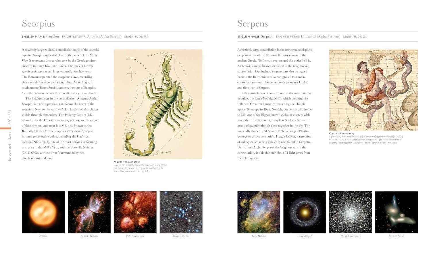 Two pages from a book display information and illustrations about the Scorpius and Serpens constellations, including star maps, mythological figures, and images of celestial objects.